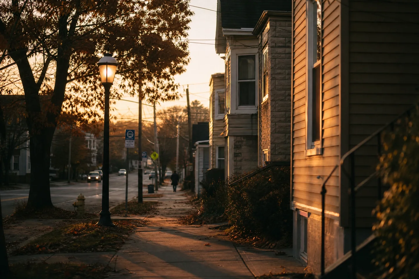 A quiet residential street at golden hour