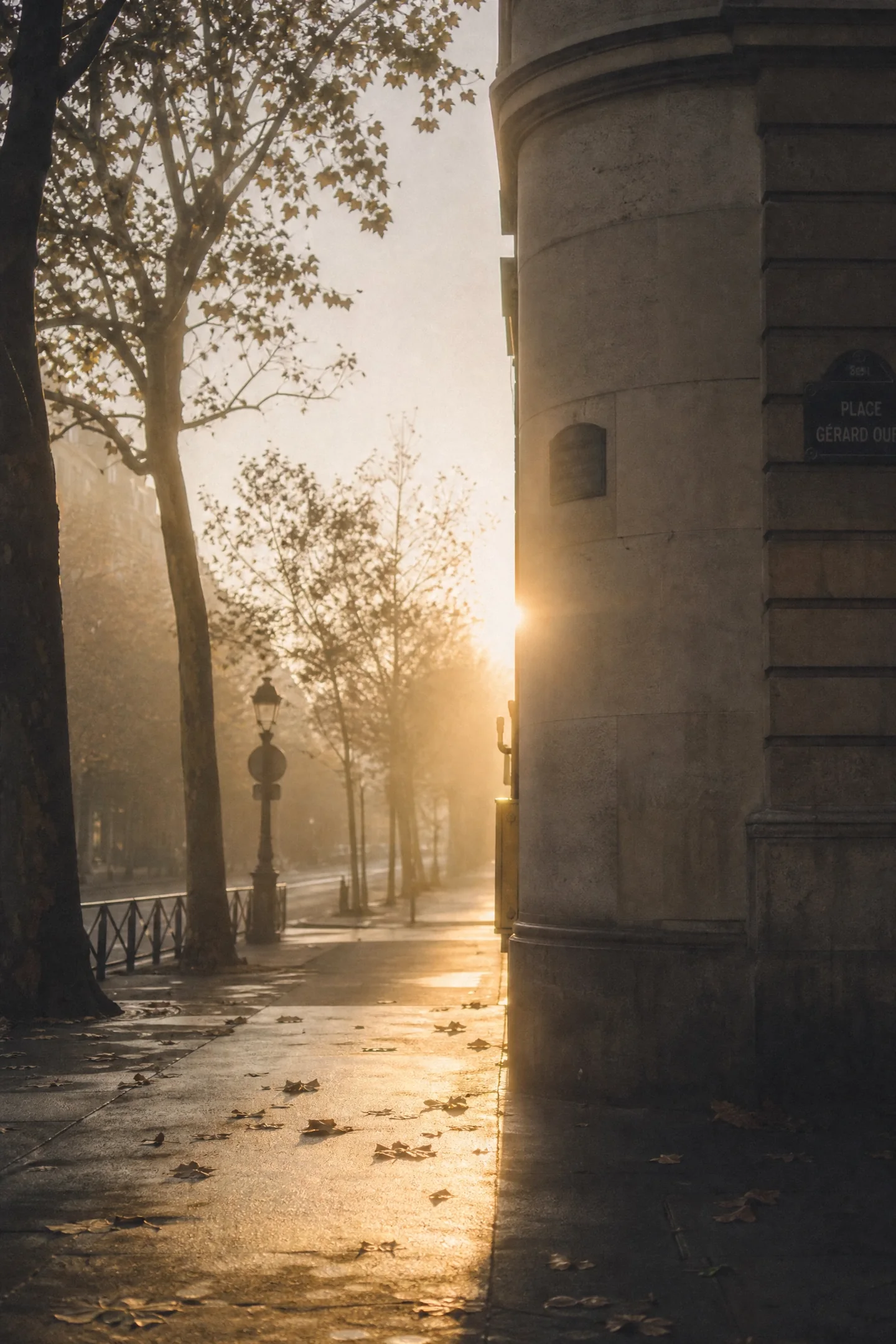 Morning sunlight pooling on a quiet sidewalk corner